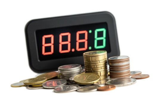 A digital countdown timer showing '88:8' in red and green, accompanied by stacks of coins, illustrating the concept of time is money.