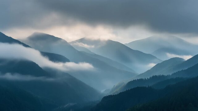 A serene landscape of misty mountains under a soft, cloudy sky.