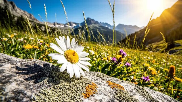 Wildflower bloom in sunlit alpine meadow with mountain range background