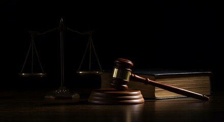 Justice Scales, Gavel, and Law Book in Dark Setting