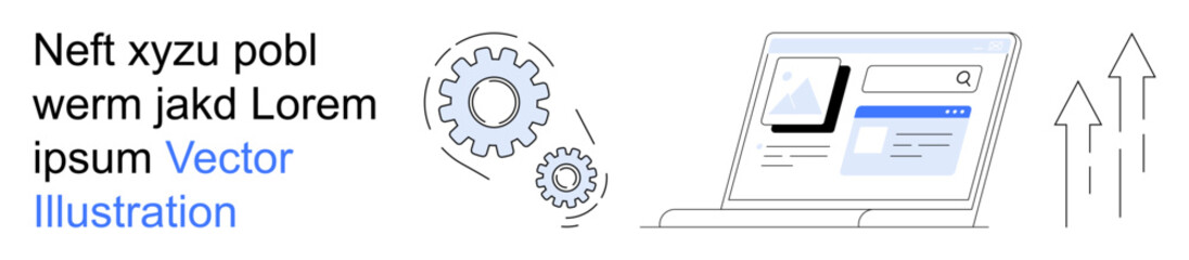 Technology, business strategy, productivity tools, software development, SEO, data analysis. A laptop interface, gear symbols. Technology and business strategy concepts