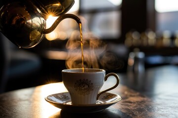 Golden teapot pours a steaming dark beverage into an elegant white cup with a gold handle, illuminated by warm light.