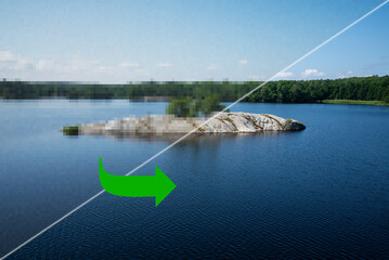 Concept of AI image upscaling restoration technology - pixelated low quality picture of a landscape with island on the top, and enhanced improved (restored) version at the bottom, overlay view