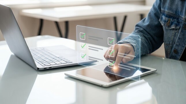 Person interacting with a digital checklist overlay on a tablet screen next to a laptop on a reflective surface with soft background lighting task completion checkbox survey online