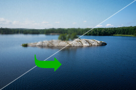 Concept of AI image upscaling restoration technology - pixelated low quality picture of a landscape with island on the top, and enhanced improved (restored) version at the bottom, overlay view
