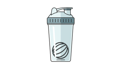 Flat vector illustration of a protein shaker, light blue colors, fitness accessory for sports nutrition