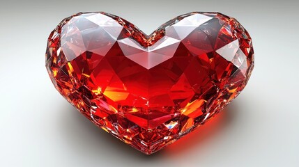 A sparkling red gemstone shaped like a heart, reflecting light and sitting on a white surface