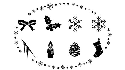 Fototapeta premium Diverse set of black silhouette winter and Christmas holiday symbols for festive designs and decorations