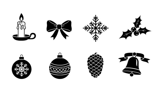 Christmas Icons Candle, Bow, Snowflake, Ornaments, and Festive Elements