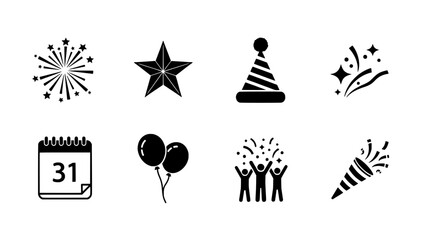 Collection of Festive Celebration and Holiday Event Icons for New Year and Party Designs
