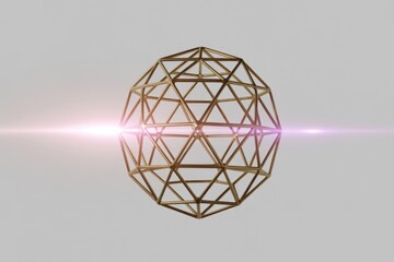 A golden geometric polyhedron, resembling an icosahedron or geodesic sphere, is centrally intersected by a vibrant pink light streak against a minimalist background.