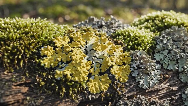 Green moss and lichen grow on weathered wood surface in sunlight
