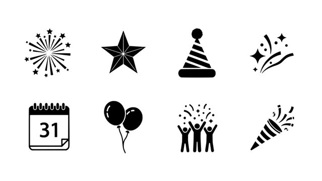 Collection of Festive Celebration and Holiday Event Icons for New Year and Party Designs