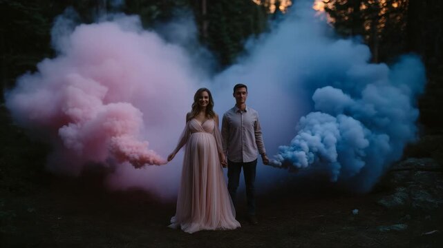 4k couple standing in a forest clearing, holding smoke bombs in both hands one pink, one blue as vibrant clouds swirl around them in golden sunset light gender reveal smoke bombs
