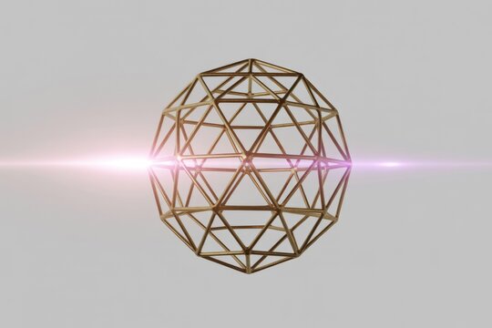 A golden geometric polyhedron, resembling an icosahedron or geodesic sphere, is centrally intersected by a vibrant pink light streak against a minimalist background.