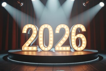 Marquee lights spell out the year 2026 on a dramatic theatrical stage with spotlights and red curtains, signaling a new beginning or future event.