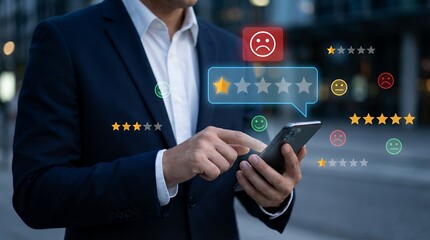 Businessman touching smartphone screen displaying star ratings emoticons and reviews indicating customer satisfaction and feedback analysis Service Opinion Online Digital Mobile Concept