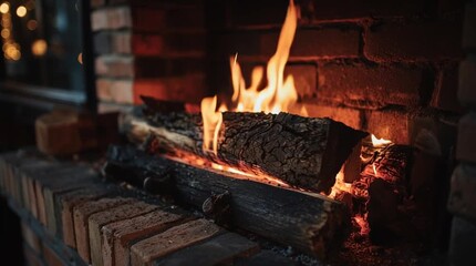 A close up of a brick fireplace with burning logs and bright orange flames - Powered by Adobe