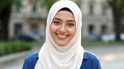 Smiling young woman in hijab outdoors, exuding confidence and warmth.