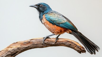 Naklejka premium A colorful bird with iridescent plumage perches on a branch against a neutral background