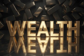 Golden 3D letters spell "WEALTH", reflecting on a dark surface. Blurred gold bars in the background symbolize ultimate prosperity.