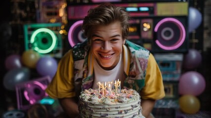 4k smiling birthday boy in retro 90s outfit, blowing out neon-colored candles on a funky cake with boombox, cassette tapes, and arcade lights around him 90s themed birthday, retro