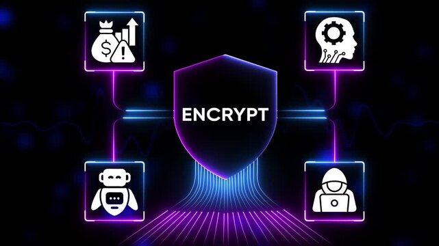 Digital encryption shield protecting financial data A I security bot and hacker threat concept with glowing neon network lines and abstract waveform background