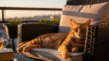 Orange tabby cat relaxing on chair in sunset light on balcony  