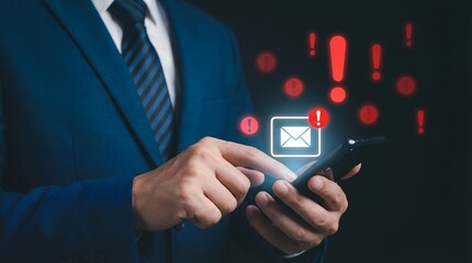 Businessman in a suit using a smartphone displays a glowing email icon surrounded by numerous red exclamation point notifications indicating urgent alerts Mobile Phone Exclamation Mark