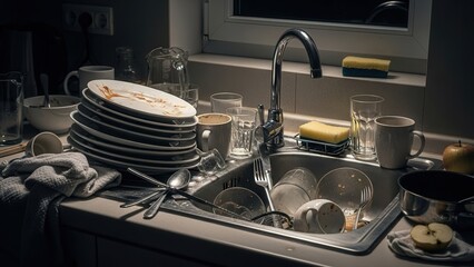 Dirty dishes piled in sink with glasses and utensils in kitchen