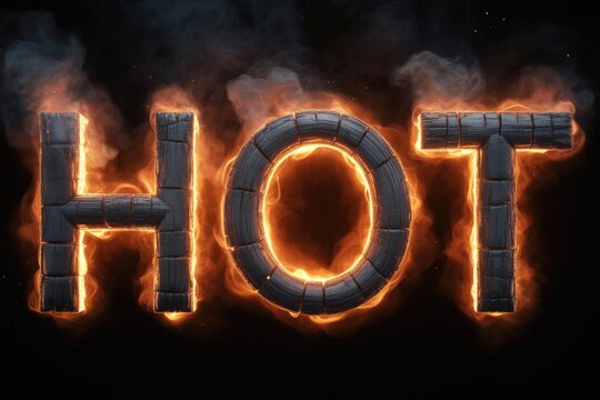 The word 'HOT' depicted with dark, charred letters, intensely glowing with vibrant orange flames and wisps of smoke on a transparent background.