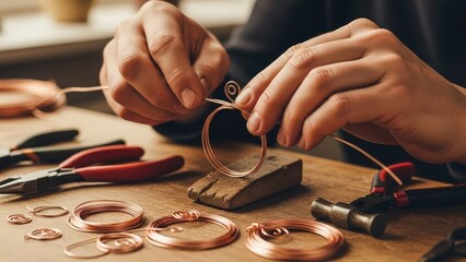 Man crafting copper jewelry with tools on wooden workbench