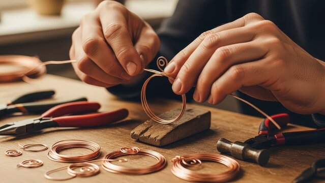Man crafting copper jewelry with tools on wooden workbench - Powered by Adobe