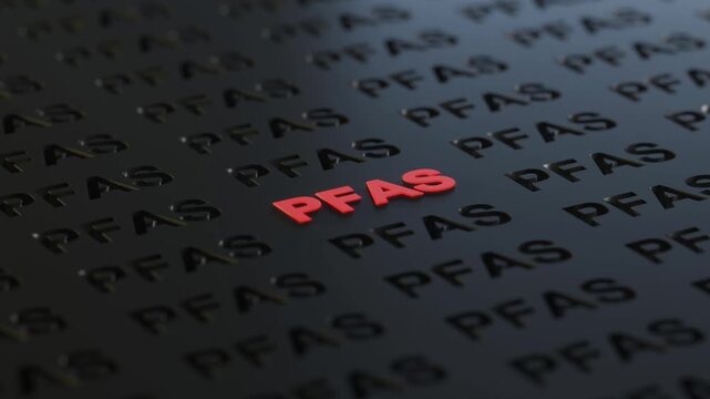 A striking 3D render where the acronym PFAS is repeated across a dark, shadowed background. A single instance of PFAS is highlighted in glowing red and sharp focus, symbolizing risk, danger, and chemi