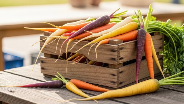 Freshly harvested colorful carrots in wooden crate on tabletop