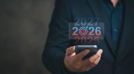 A man in a suit holds a smartphone displaying projected years 2025 2026 with a target symbol and arrow and 2027 indicating future planning and goal achievement success business technology