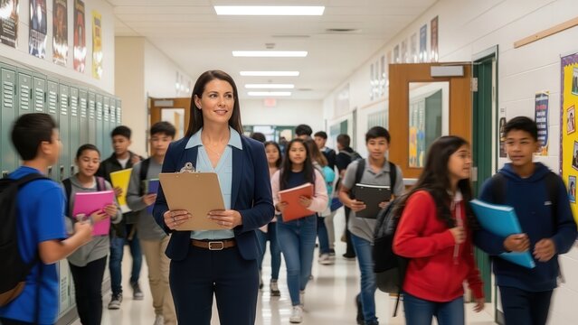 Teacher overseeing students while walking in busy school hallway  