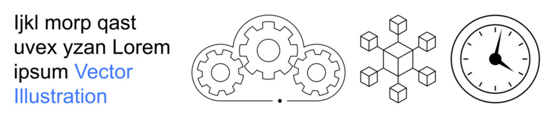 Cloud computing, blockchain, adaptability, workflow optimization, modern technology, time management. Gears inside a cloud, a blockchain cube and a circular clock. Cloud computing and blockchain