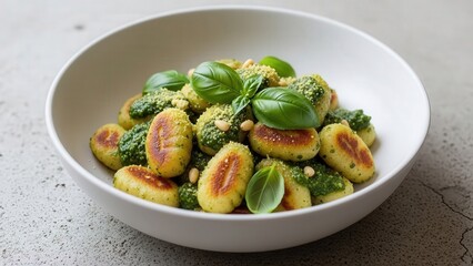 Gnocchi pasta with basil and pine nuts in white bowl  
