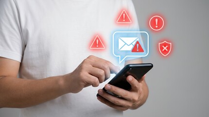 Person holding smartphone displaying alert icons including warning triangles exclamation marks and a blocked shield alongside a message bubble with an alert notification digital technology