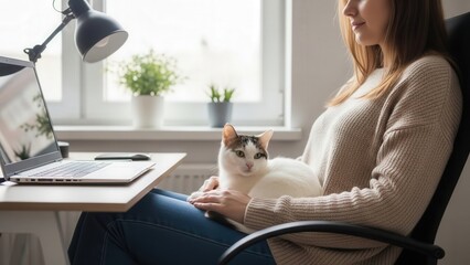 Woman sitting in chair with cat on lap working on laptop at home