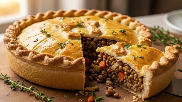Savory lentil pie with vegetables on wooden table and herbs  