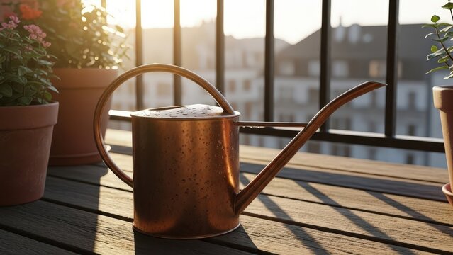 Copper watering can on wooden balcony with plants at sunset  