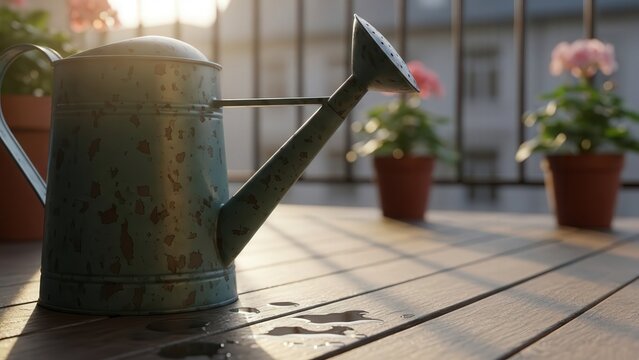Vintage watering can on wooden deck beside potted flowers in sunlight