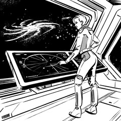 A woman is standing at a console on the bridge of a spaceship or space station. She is navigating. Through the big window we see spiraling galaxies and stars. Hand drawn illustration.