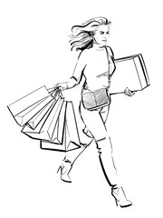 A minimalist line drawing of a woman carrying multiple shopping bags and a big shoe box. She wears trendy clothes, a turtleneck sweater, jeans, designer bag and boots with high heels. Drawn by hand.