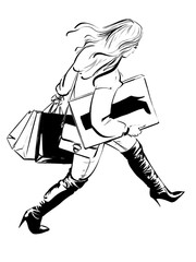 A woman  is walking with shopping bags and a big shoe box, containing high boots. View from above. The woman wears a sweater, jeans and over the knee boots. Hand drawn fashion illustration.
