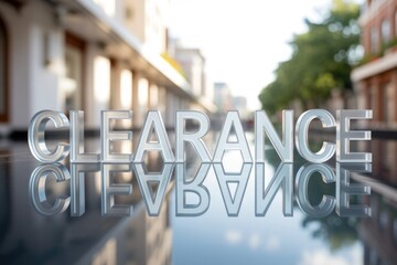 3D glossy 'CLEARANCE' letters reflect on a shiny surface. A blurred city street background signifies a major retail sale event.