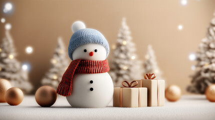 Snowman 3D illustration with Christmas gifts and winter trees in a soft festive scene