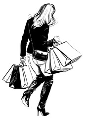 A young woman is walking quickly carrying multiple shopping bags in both hands. She is dressed in trendy clothes, a bllazer, jeans and leather boots with high heels. Hand-drawn fashion illustration.